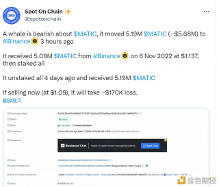 某巨鲸地址于3小时前将519万枚MATIC转入Binancb